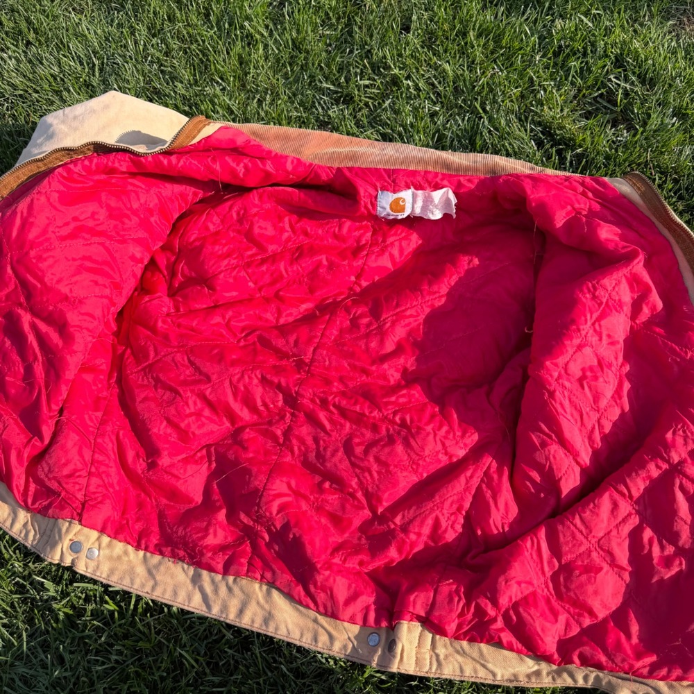 Vintage Carhartt Detroit Jacket Tan Duck Canvas Quilted Lining Distressed Mens - Picture 8 of 10